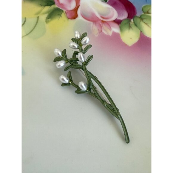 Vintage 60's Green Enamel Faux Pearl Spray Brooch Pin - Picture 2 of 9